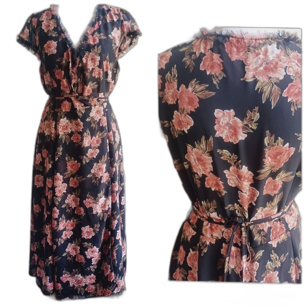 Rose Print Flowy Wrap midi dress Floral flowy pretty with raw hem